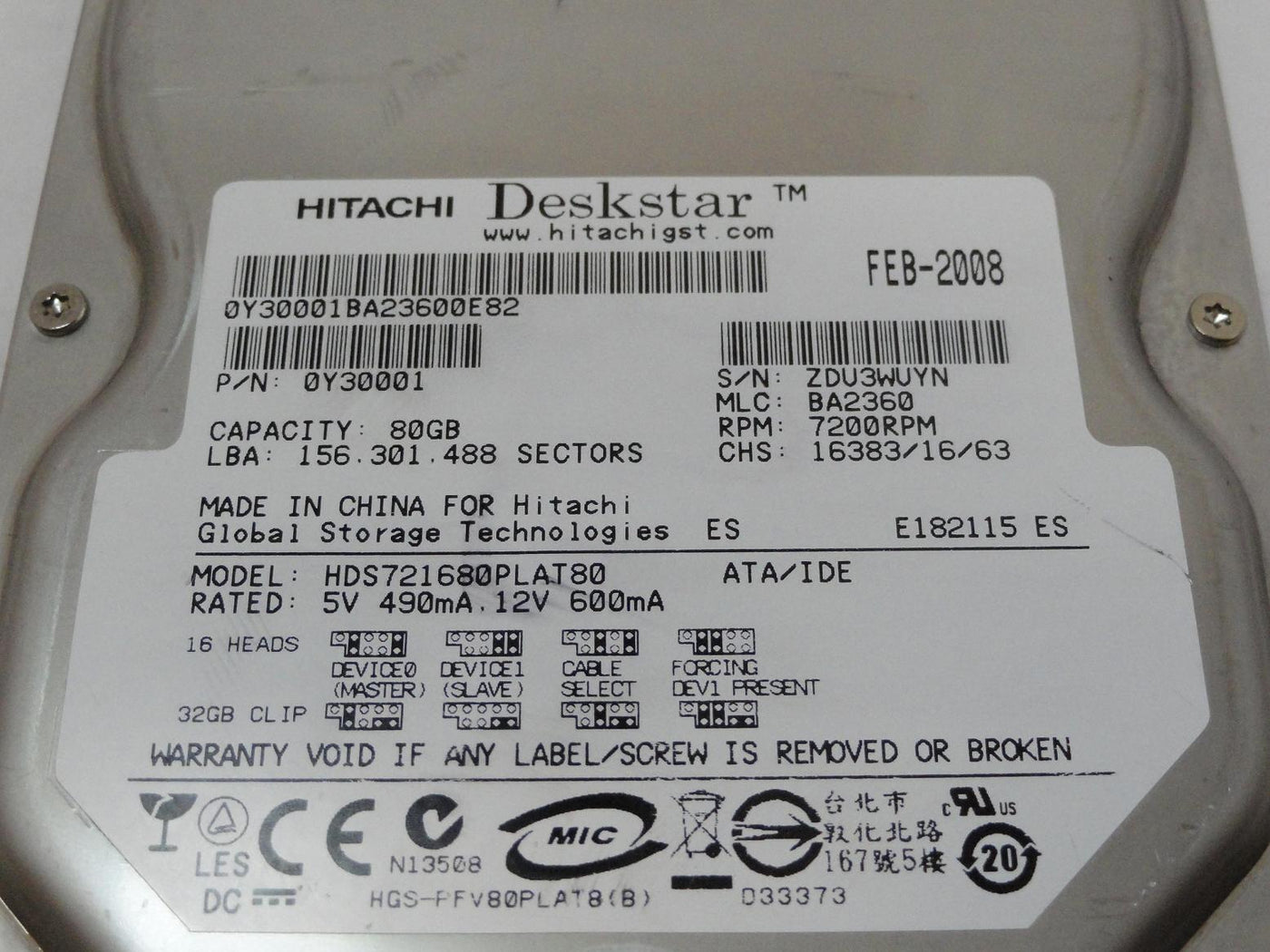 MC0201_0Y30001_Hitachi 80Gb IDE 7200rpm 3.5in HDD - Image3