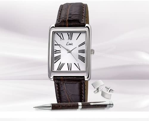 Limit Silver Dial Brown Leather Strap Watch with Matching Pen & Silver Cuff Links 5286G
