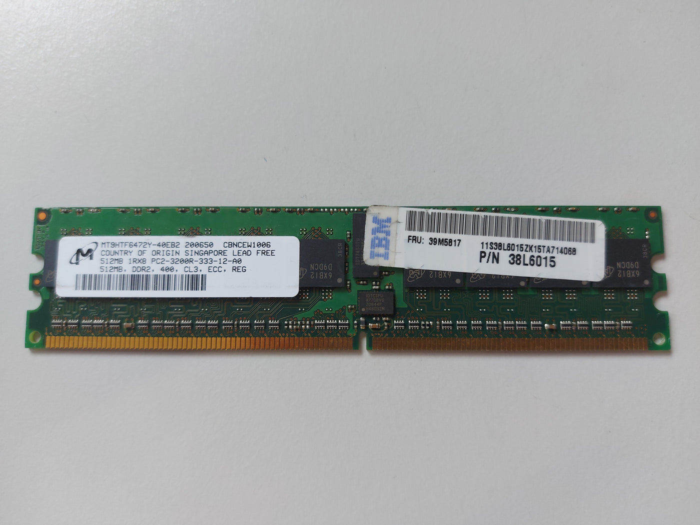 Micron IBM 512MB DDR2-400MHz PC2-3200 ECC Registered CL3 240-Pin DIMM Single Rank Memory Module ( MT9HTF6472Y-40EB2 38L6015 ) REF