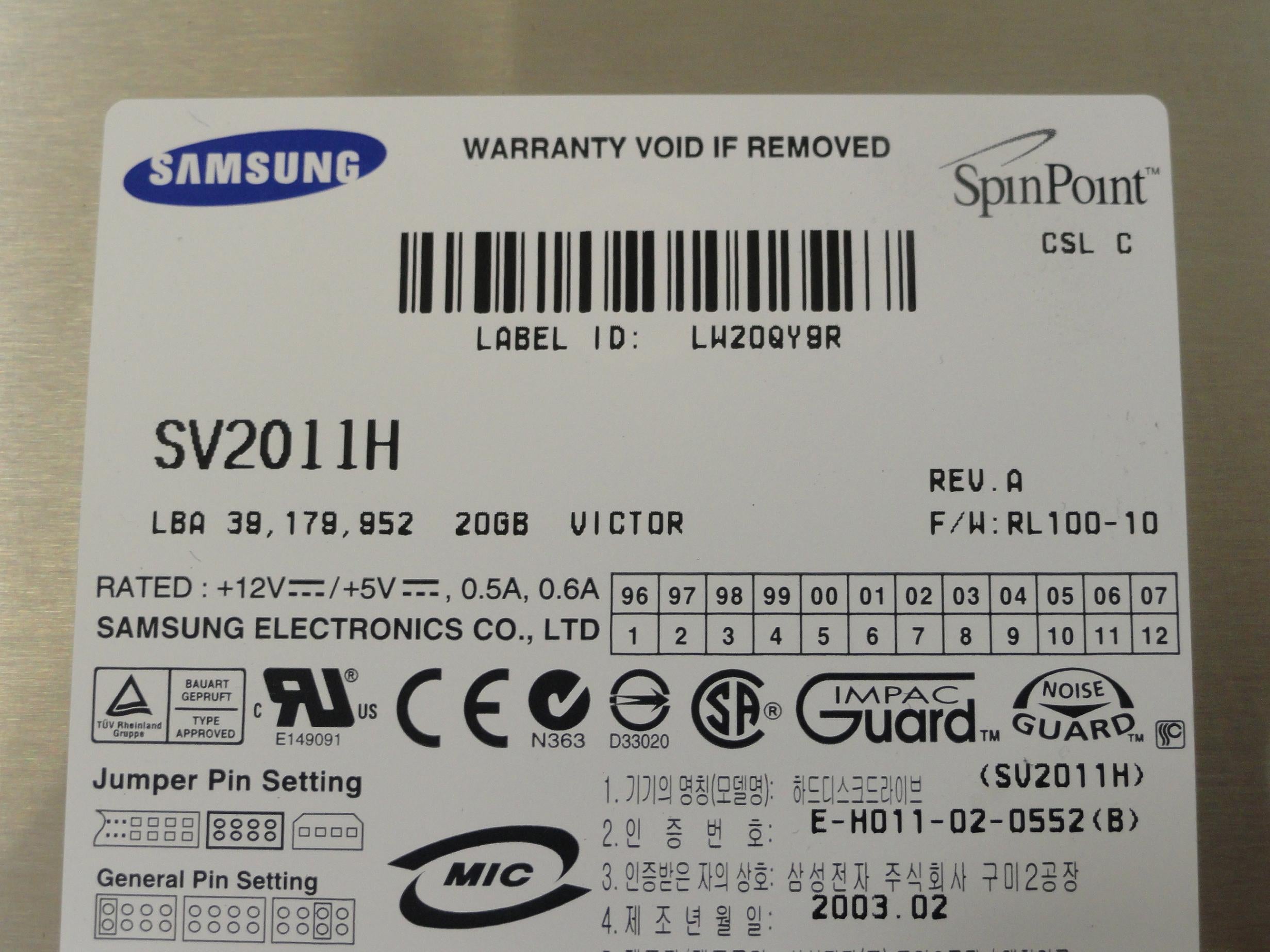 Samsung SpinPoint 20Gb IDE 3.5" 7200rpm HDD ( SV2011H ) ASIS