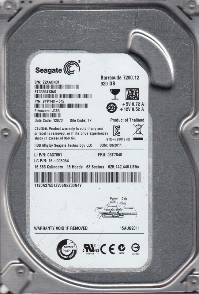 Seagate Lenovo IBM 320GB 7200rpm SATA 3.5" HDD ( 9YP14C-542 ST3320413AS 03T7040 0A37651 16-005054 ) REF
