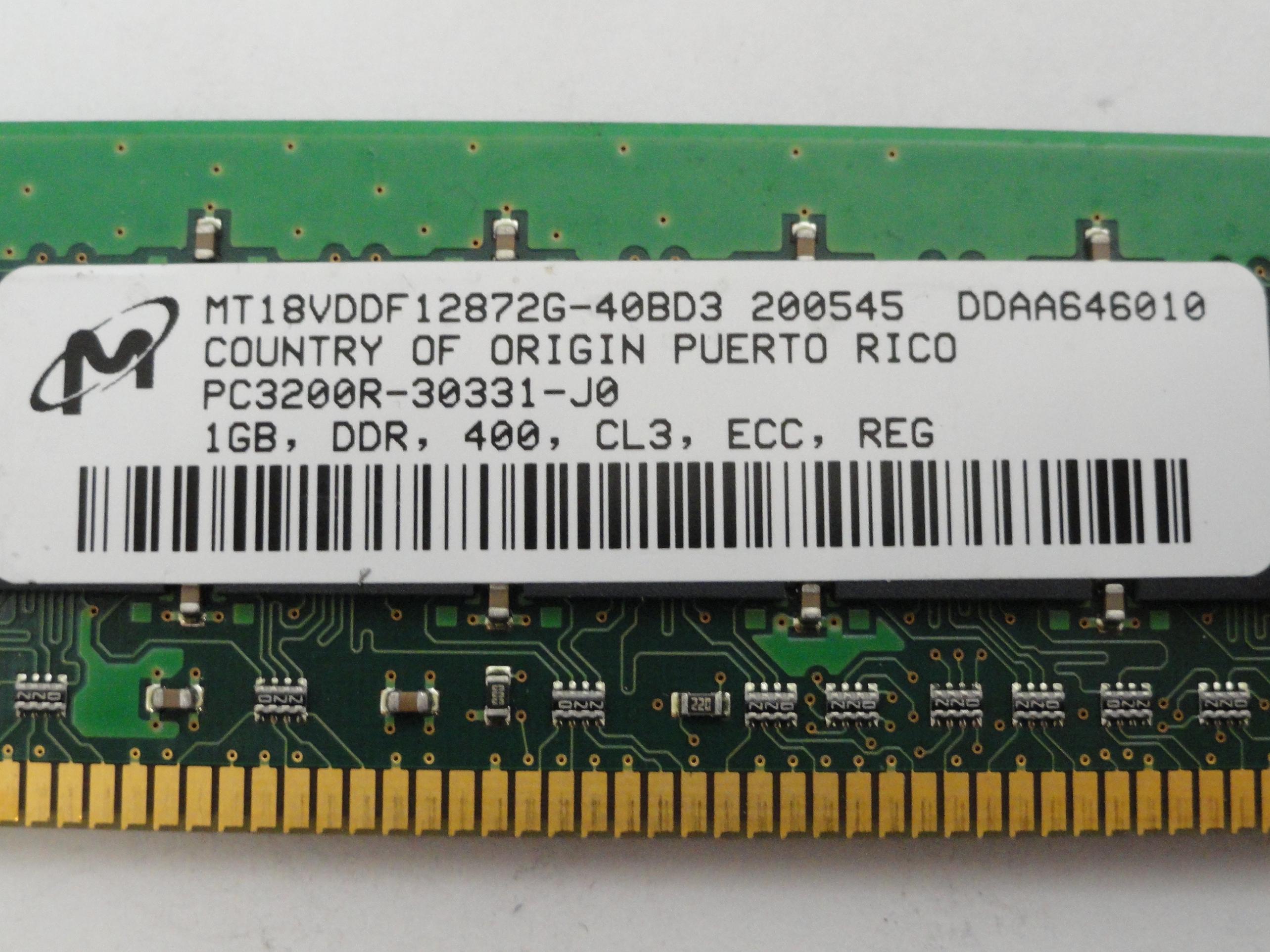 MT18VDDF12872G-40BD3 - Micron Technology 1GB 184p PC3200 CL3 18c 128x4 Registered ECC DDR DIMM - Refurbished