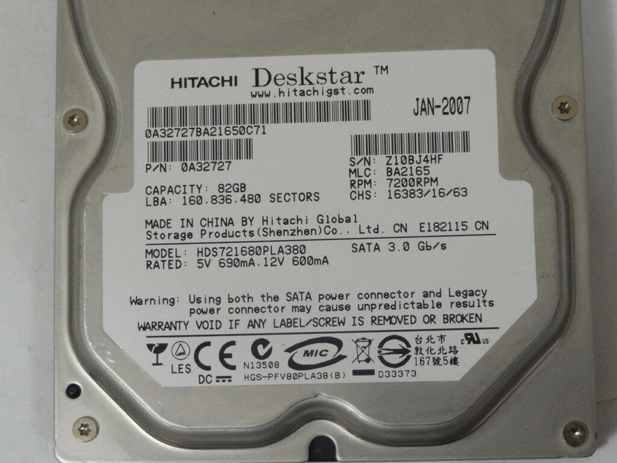 Hitachi 80GB SATA 7200rpm 3.5in HDD ( HDS721680PLA380 0A32727 ) USED