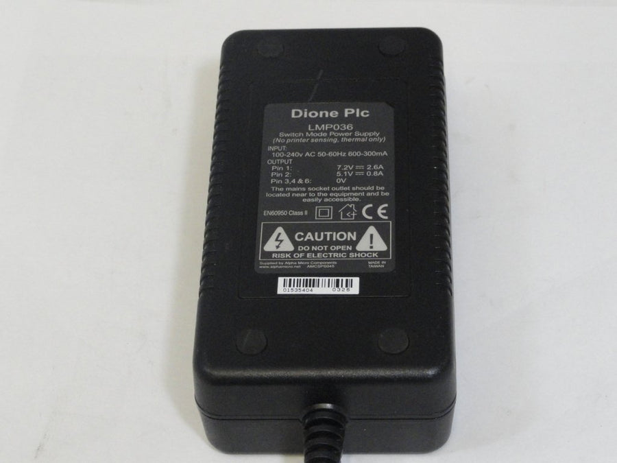 LMP036 - Dione Plc POWER ADAPTER - Input 100-240V 50-60hz 600-300mA - Output7.2V 2.6A, 5.1V 0.8A - Refurbished