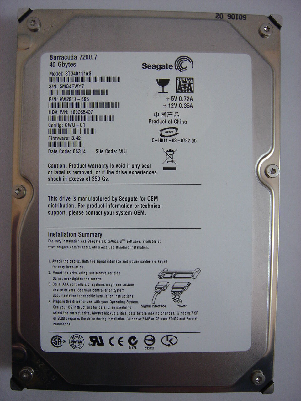 Seagate 40GB SATA 7200rpm 3.5in HDDSeagate 40GB SATA 7200rpm 3.5in HDD ( ST340111AS 9W2811-665 ) REF