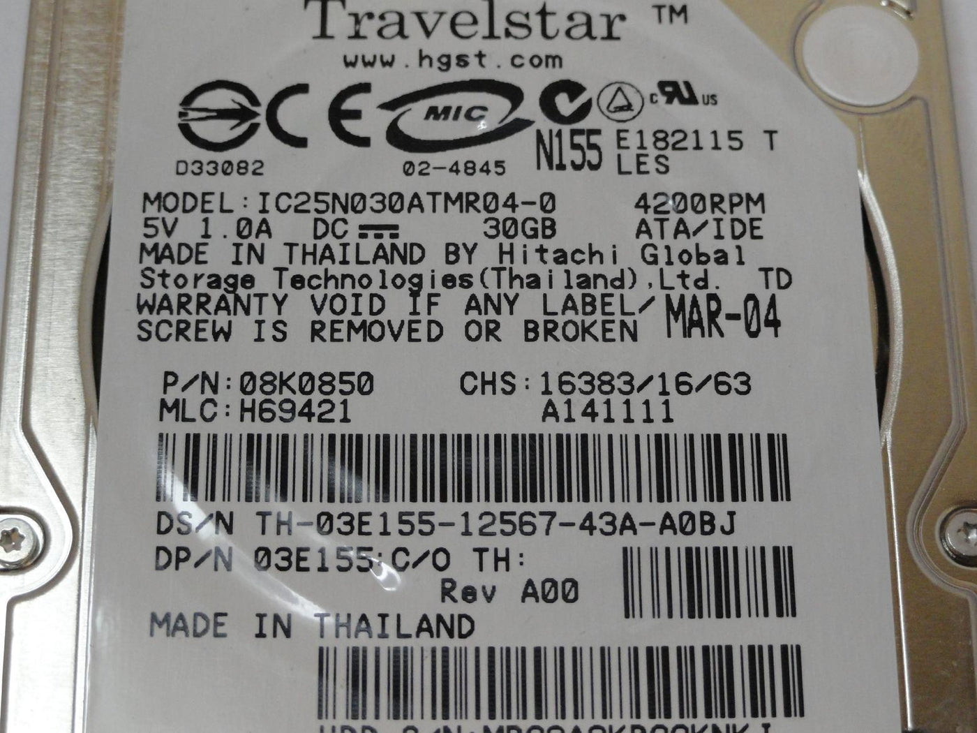 PR12095_08K0850_Hitachi Dell 30GB IDE 4200rpm 2.5in HDD - Image3