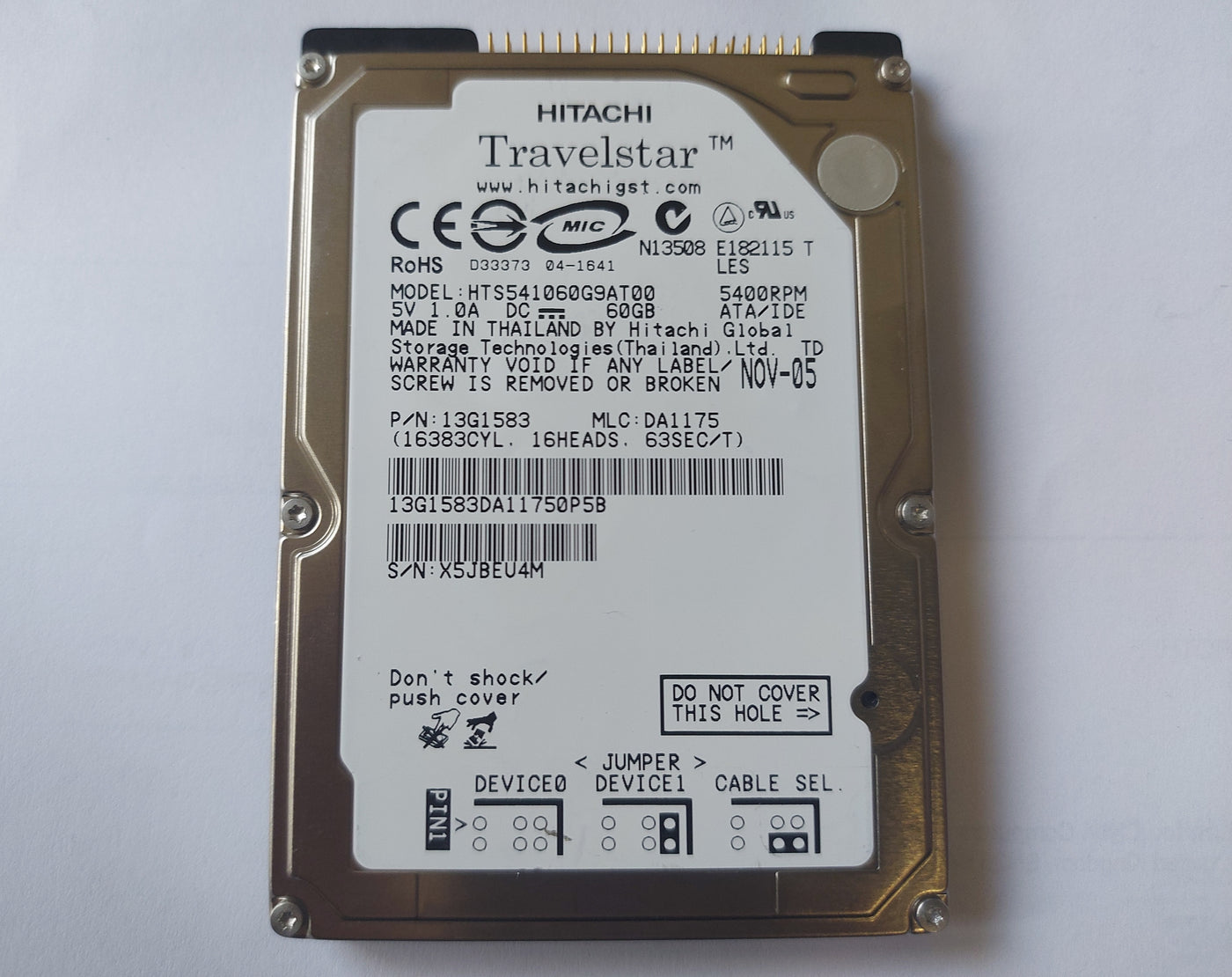 Hitachi Travelstar 60GB 5400RPM 2.5in IDE HDD ( HTS541060G9AT00 13G1583 ) REF