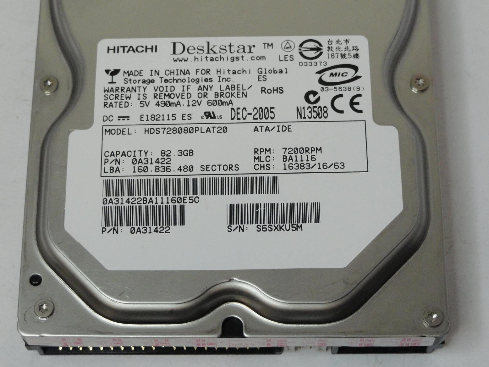 Hitachi 80GB IDE 7200rpm 3.5in HDD ( 0A31422 HDS728080PLAT20 ) REF 