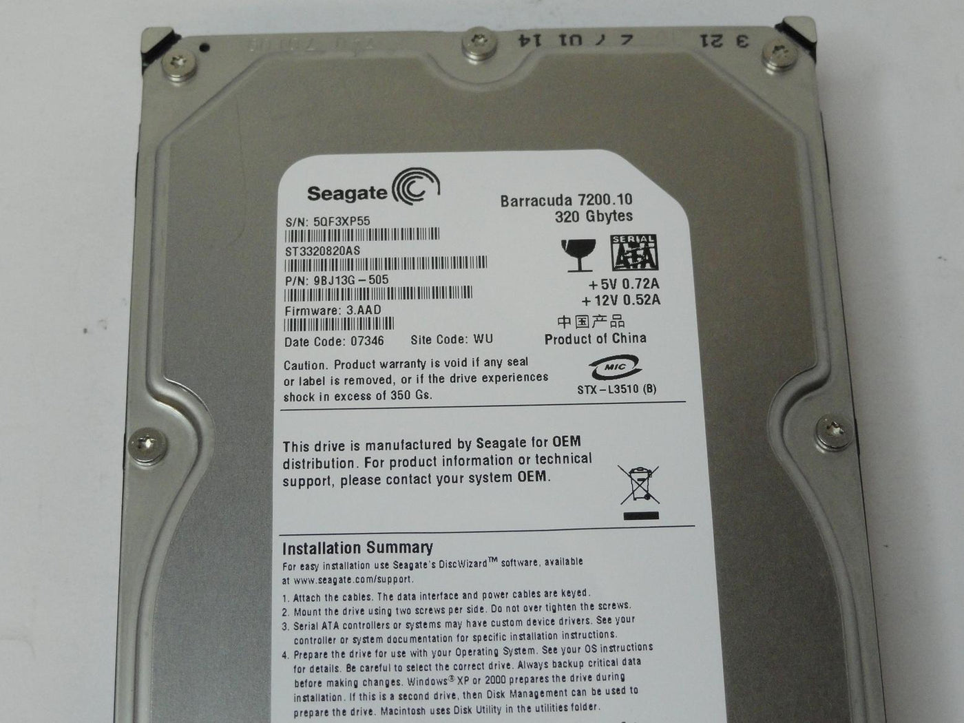 Seagate 320GB SATA 7200rpm 3.5in HDD ( 9BJ13G-505 ST3320820AS ) ASIS